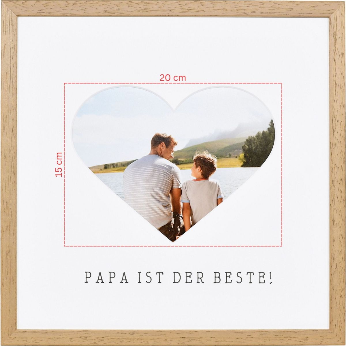 Skizze eines Fotos für ein herzförmiges Passeparpartout in eichefarbenem Bilderrahmen 30x30